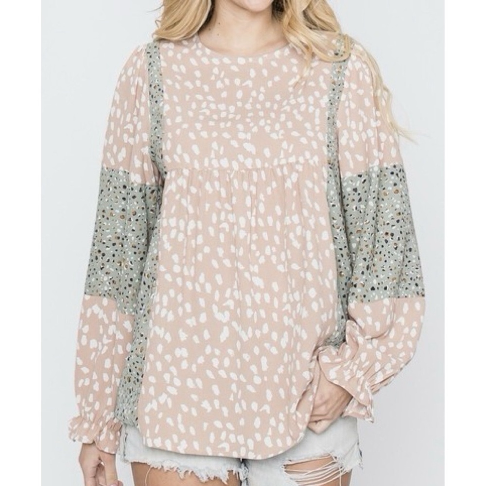Hailey & Co Print Mixed Top Ruffled Sleeve long sleeve blouse